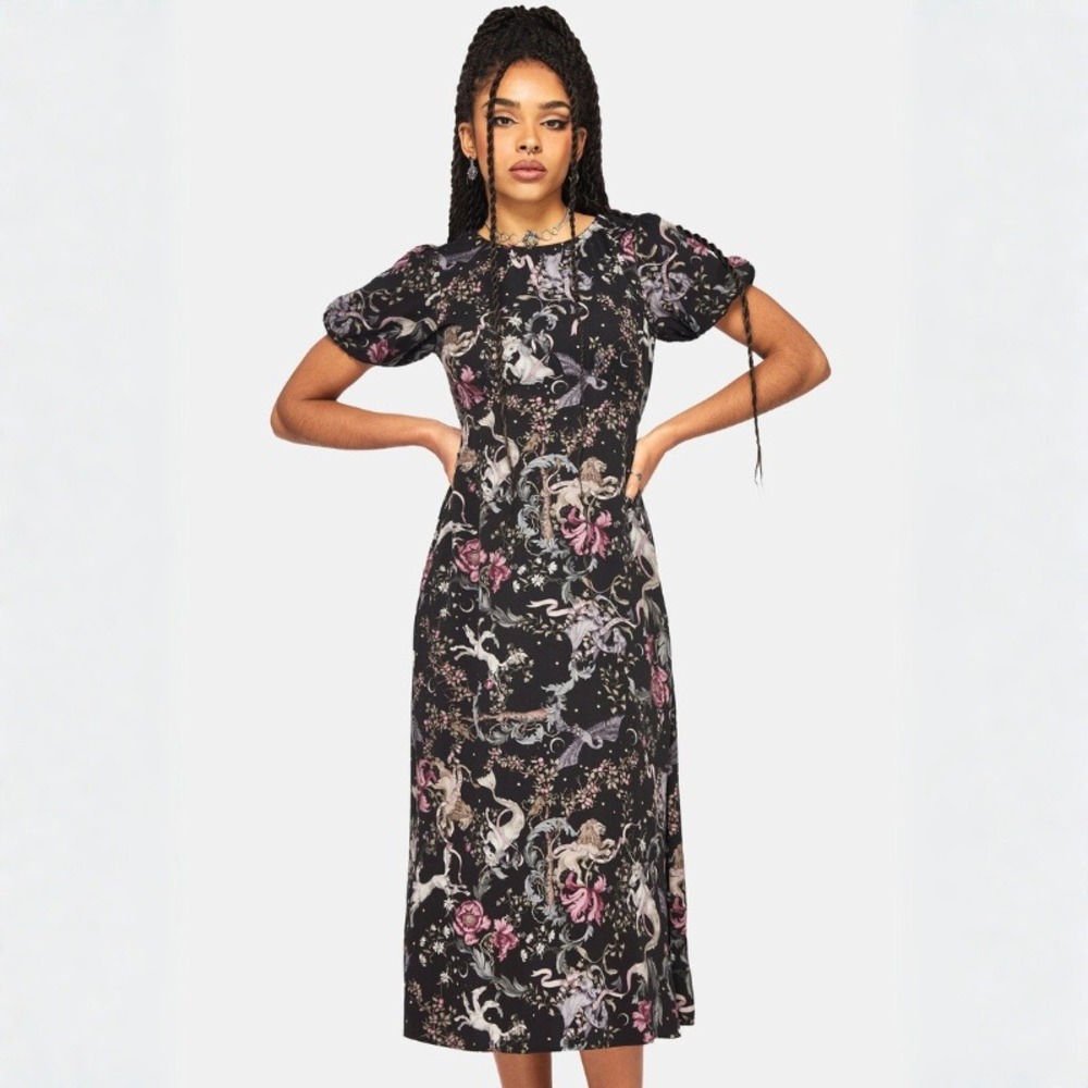 Disturbia Merunicorn Enchanted Forest Midi Dress Puff Sleeve Size 8 DR4125 NWT